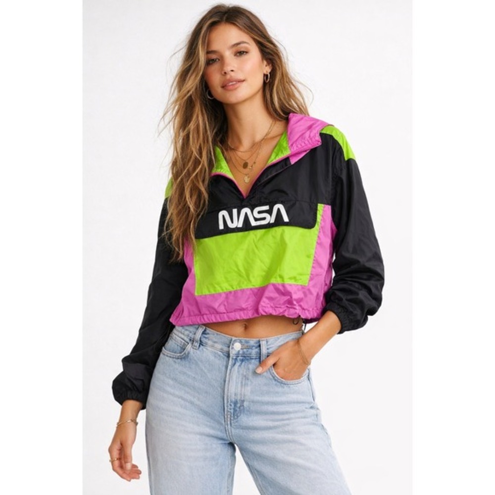 Hyper Space‎ NASA Neon Color Block Cropped Windbreaker Jacket Womens Small NWT